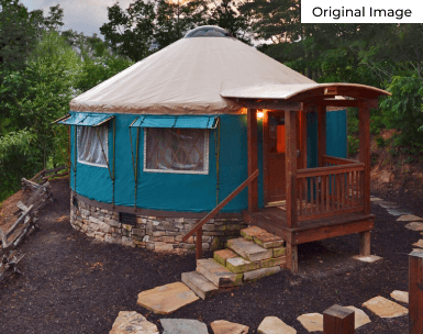 An image of a yurt, with a forest background.