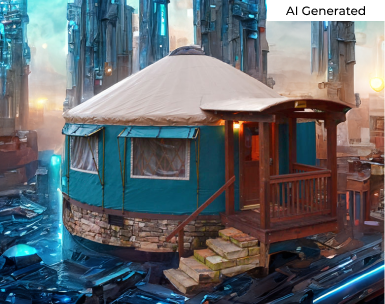 Image of a yurt with a futuristic background