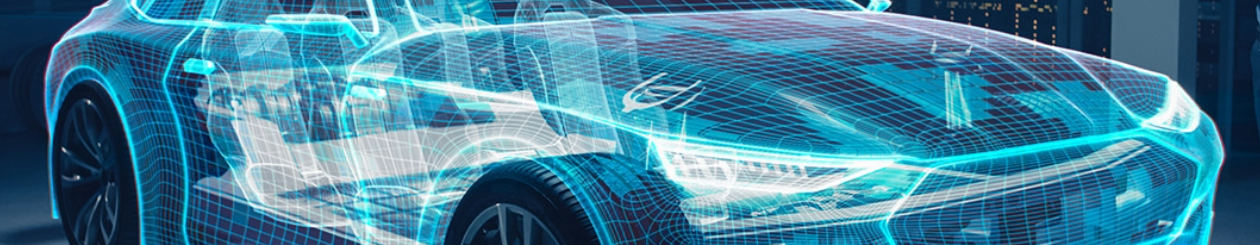 A blue-tinted CGI graphic of a vehicle and its internal systems appear to be glowing in front of a technical designer