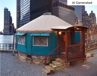 Image of a yurt on a city walkway, with skyscrappers in the background..