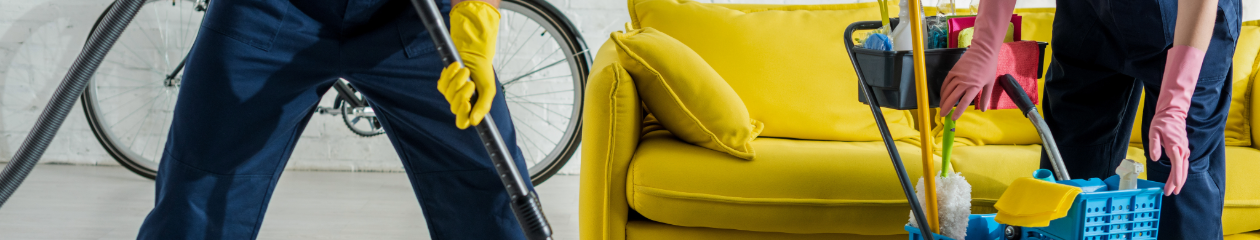 Bright cleaning products and home decor are scattered as people are seen cleaning