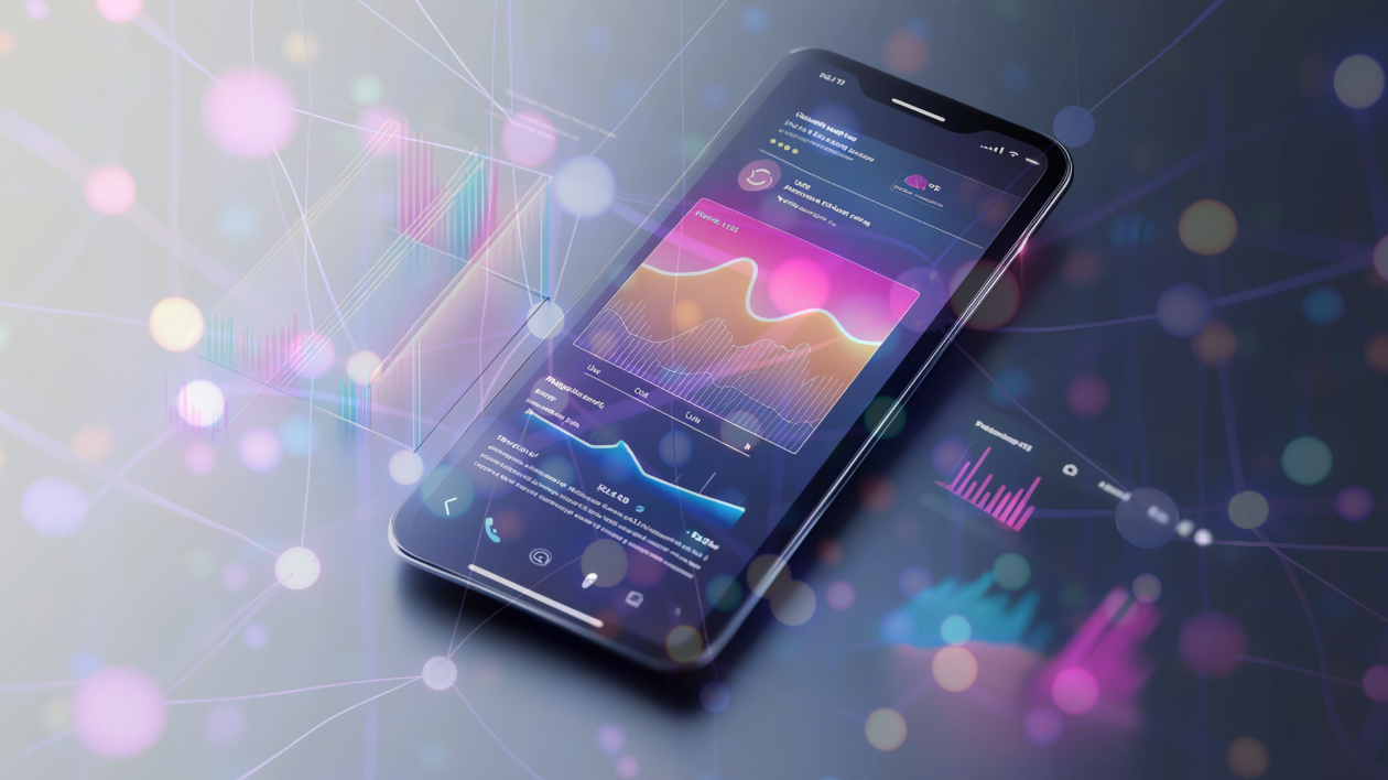 A graphic and bright image with a mobile device displaying a user friendly app or website on its screen