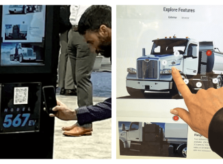 Examples of a digital interactive tool created for Peterbilt, with hands touching a touchscreen device