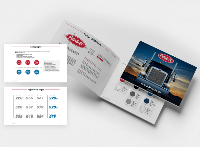 Samples of new Peterbilt brand identity documents are shown, including iconography, brand badges and a brand style guide brochure.